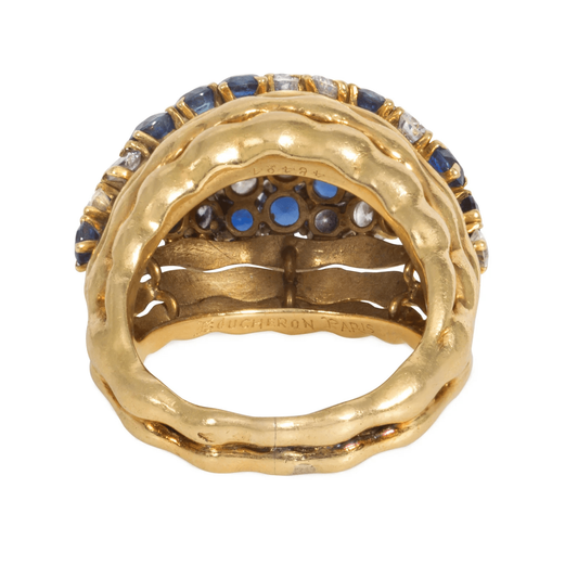 Boucheron Paris 1960s 18KT Yellow Gold Sapphire & Diamond Bombé Ring back