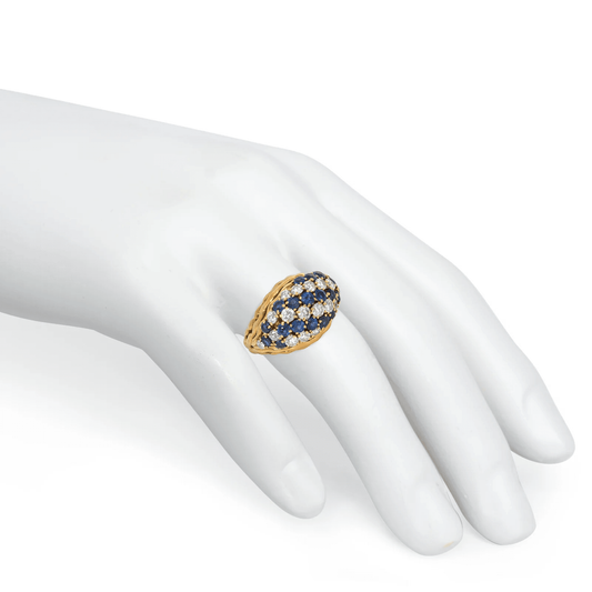 Boucheron Paris 1960s 18KT Yellow Gold Sapphire & Diamond Bombé Ring on hand