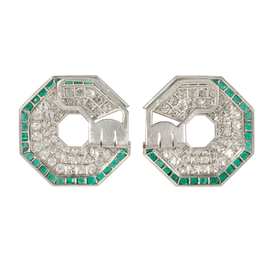 French Art Deco Platinum & 18KT White Gold Diamond & Emerald Earrings back