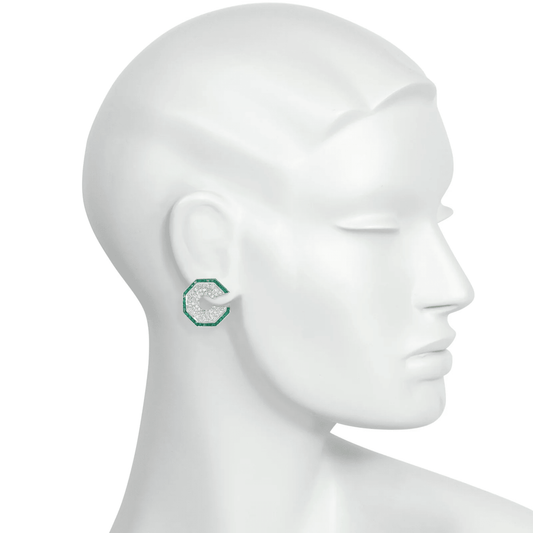 French Art Deco Platinum & 18KT White Gold Diamond & Emerald Earrings on ear