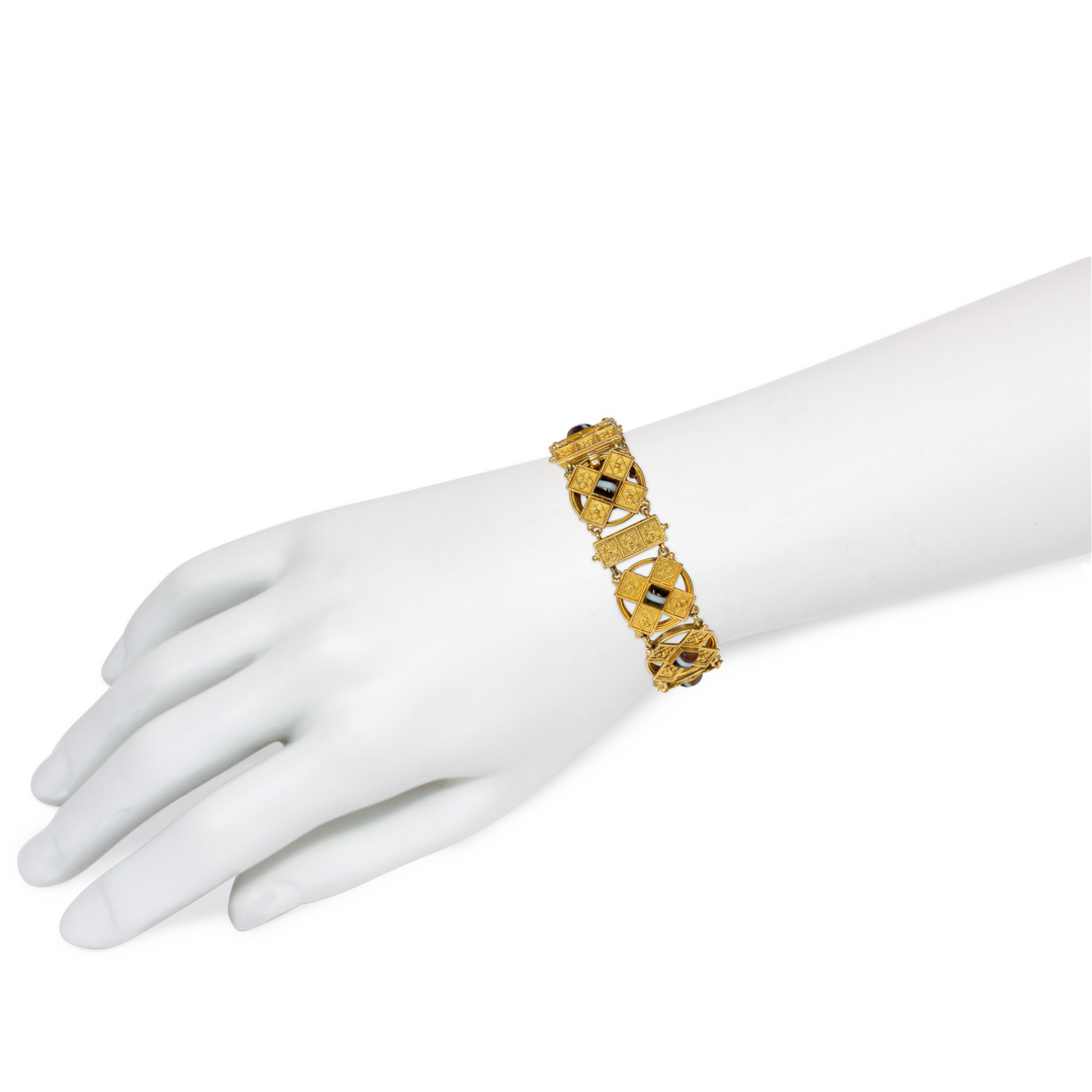 Victorian 18KT Yellow Gold Agate Bracelet on wrist