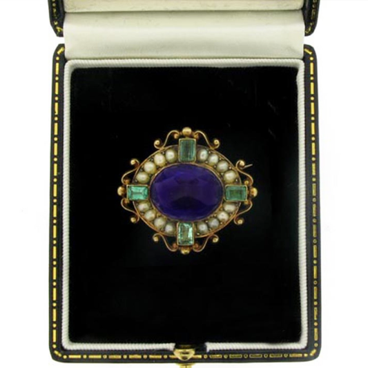 Carlo & Arthur Giuliano Antique Platinum & 18KT Yellow Gold Amethyst, Emerald & Natural Pearl Brooch in box