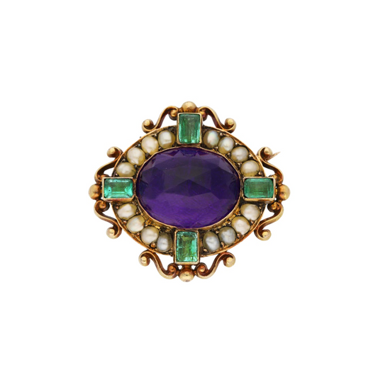 Carlo & Arthur Giuliano Antique Platinum & 18KT Yellow Gold Amethyst, Emerald & Natural Pearl Brooch front