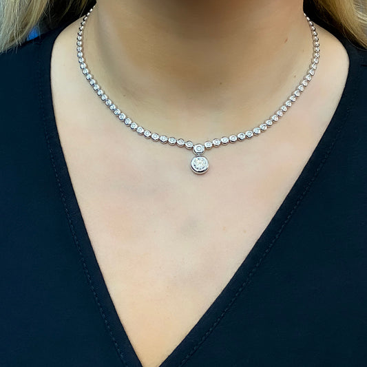 Post-1980s 18KT White Gold Diamond Necklace on neck