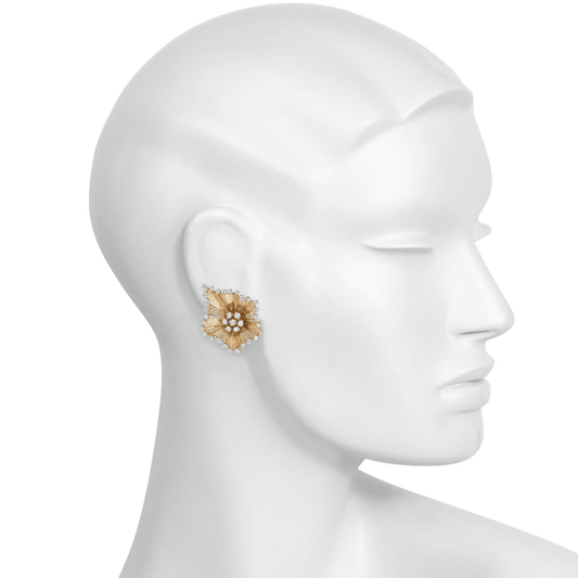 French 1950s 18KT Yellow Gold Diamond Earrings on ear