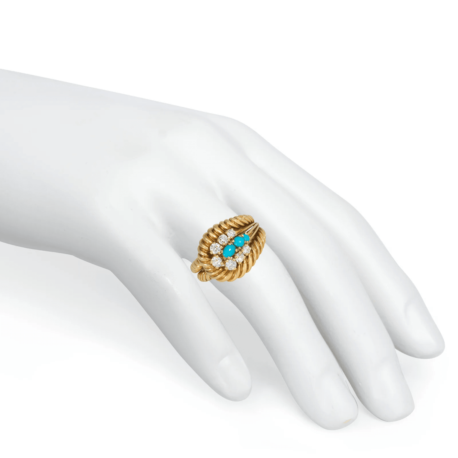 Cartier 1960s 18KT Yellow Gold Diamond & Turquoise Ring on finger