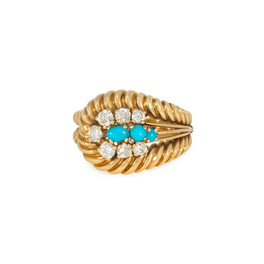 Cartier 1960s 18KT Yellow Gold Diamond & Turquoise Ring front