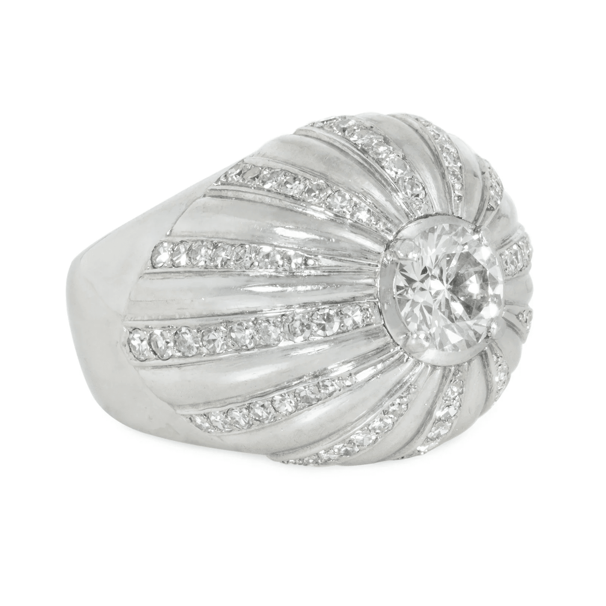 French Art Deco Platinum Diamond Bombé Ring side