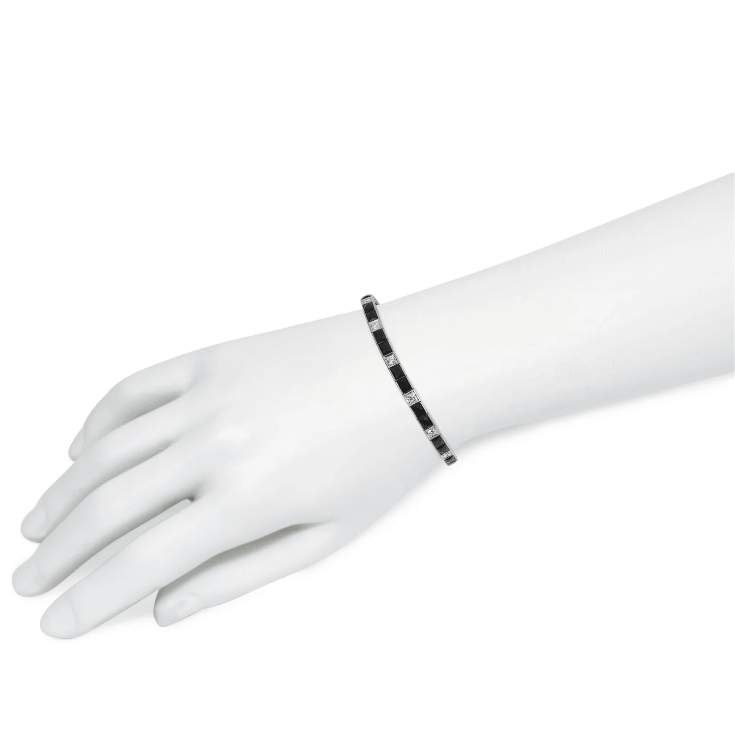 Art Deco Platinum Diamond & Onyx Bracelet on wrist