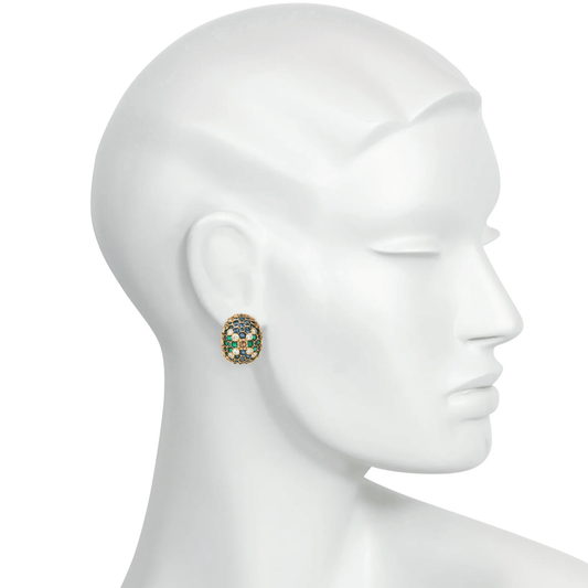 French 1960s 18KT Yellow Gold Diamond, Emerald, Ruby & Sapphire Earrings on ear