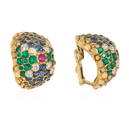 French 1960s 18KT Yellow Gold Diamond, Emerald, Ruby & Sapphire Earrings side