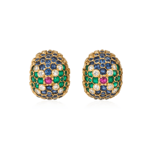 French 1960s 18KT Yellow Gold Diamond, Emerald, Ruby & Sapphire Earrings front