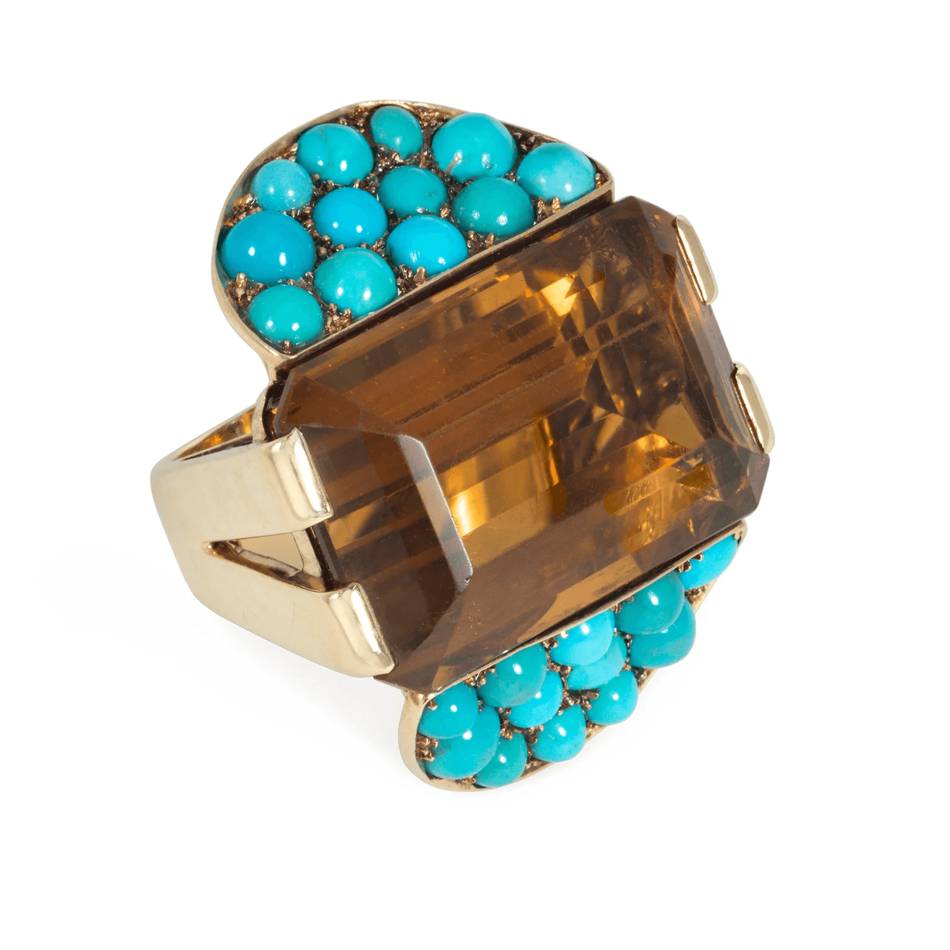 Retro 14KT Yellow Gold Citrine & Turquoise Ring side