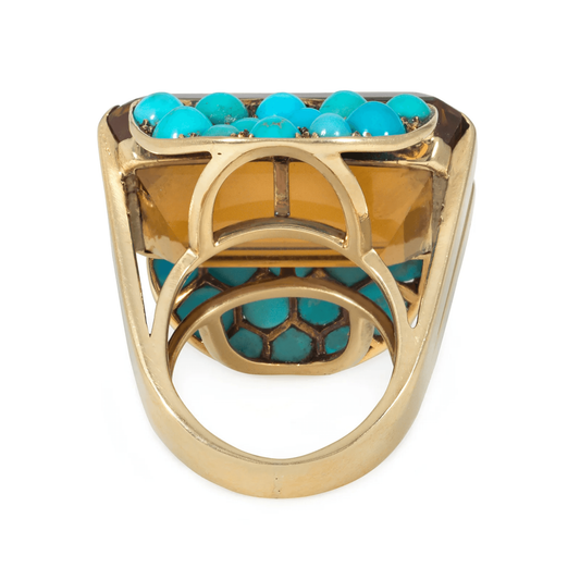 Retro 14KT Yellow Gold Citrine & Turquoise Ring back