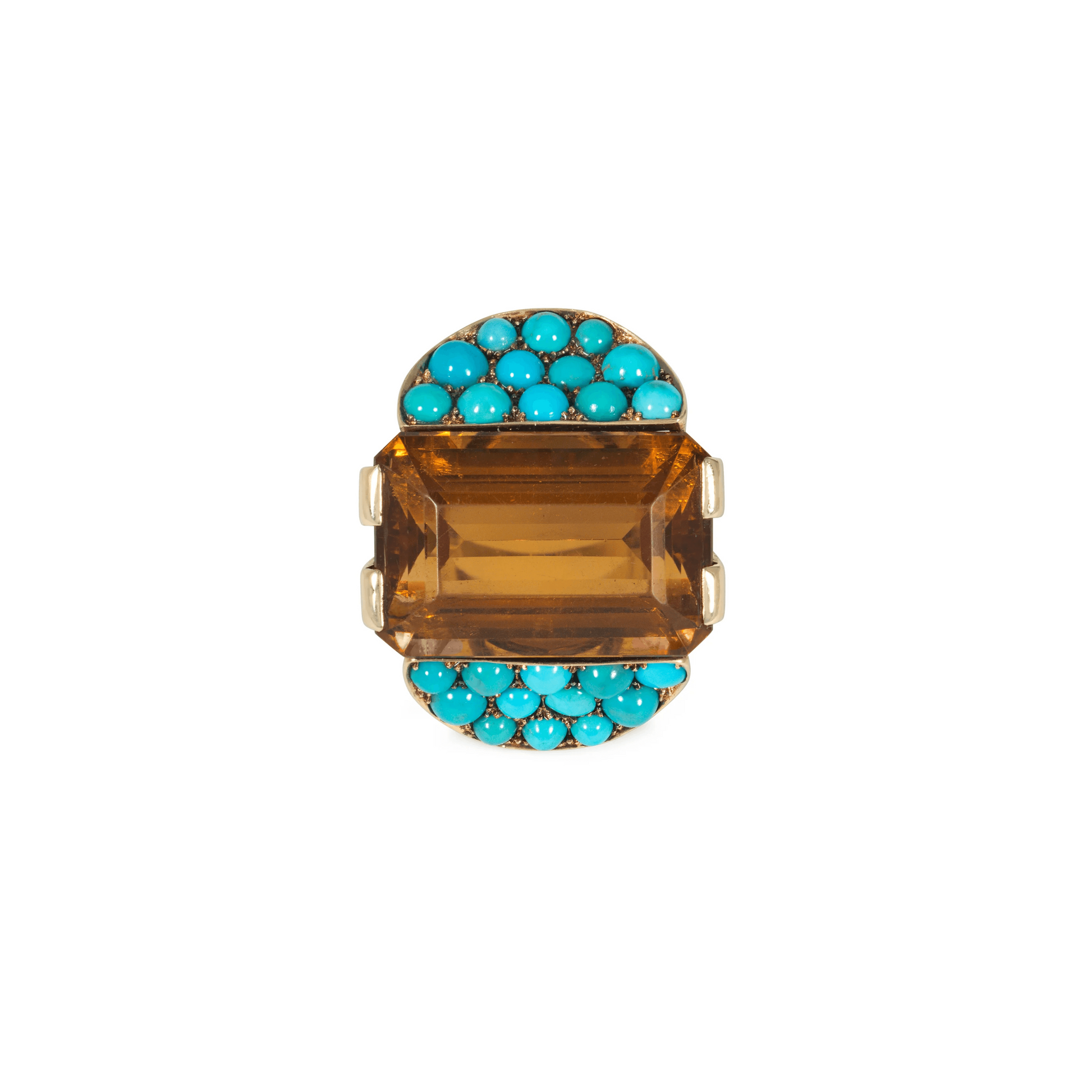 Retro 14KT Yellow Gold Citrine & Turquoise Ring front