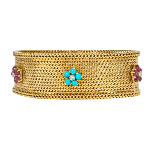 Marchak Paris Georges Lenfant 1950s Platinum & 18KT Yellow Gold Turquoise, Diamond & Ruby Bracelet front