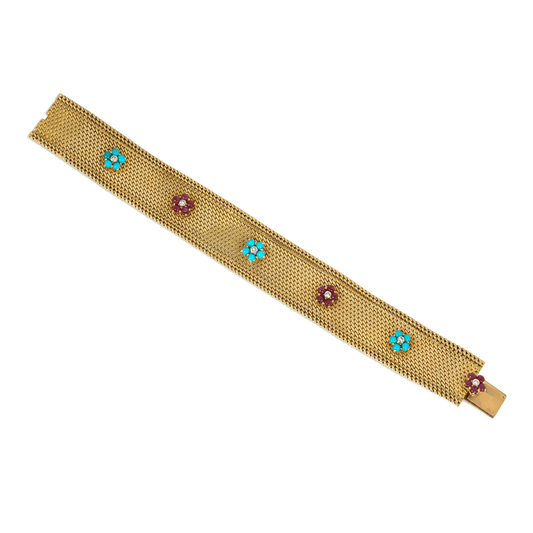 Marchak Paris Georges Lenfant 1950s Platinum & 18KT Yellow Gold Turquoise, Diamond & Ruby Bracelet front