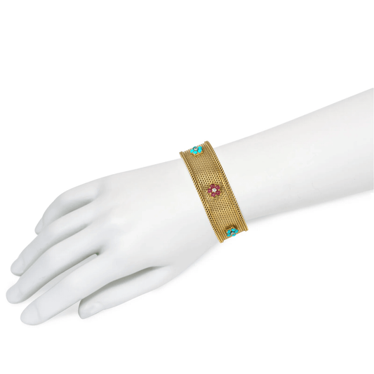 Marchak Paris Georges Lenfant 1950s Platinum & 18KT Yellow Gold Turquoise, Diamond & Ruby Bracelet on wrist