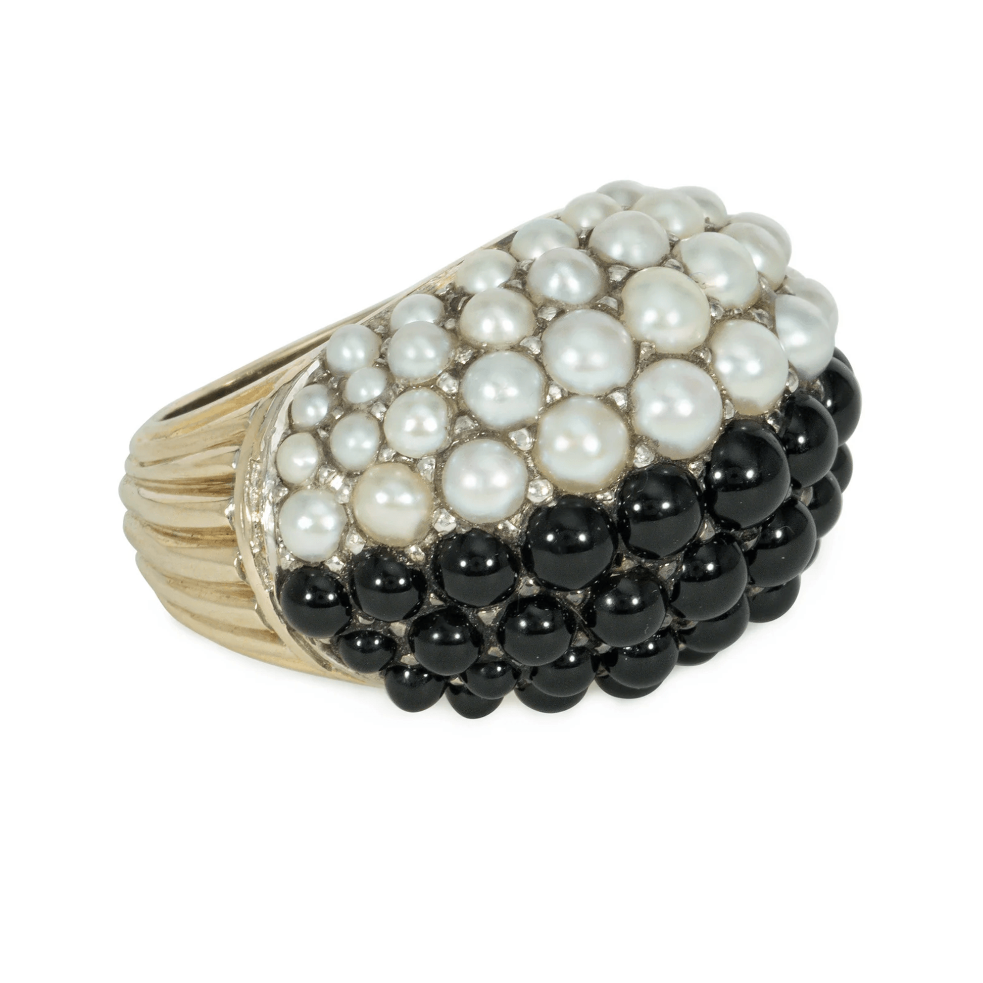 French 1960s 18KT Yellow Gold Onyx & Pearl Boule Ring side