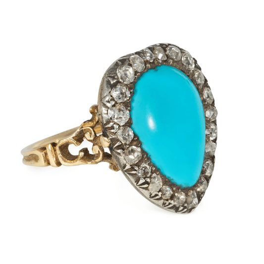 Georgian Silver & 18KT Yellow Gold Turquoise & Diamond Heart Ring side