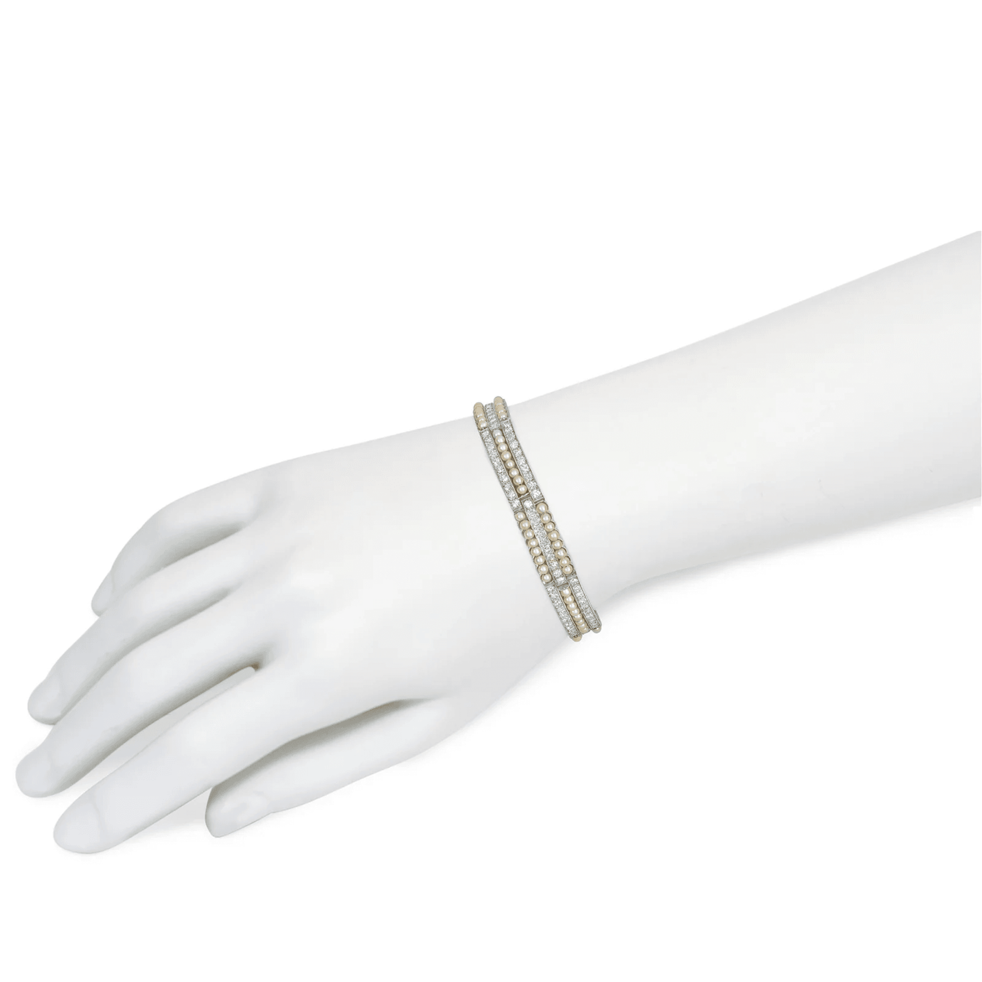 Art Deco Platinum Diamond & Pearl Bracelet on wrist