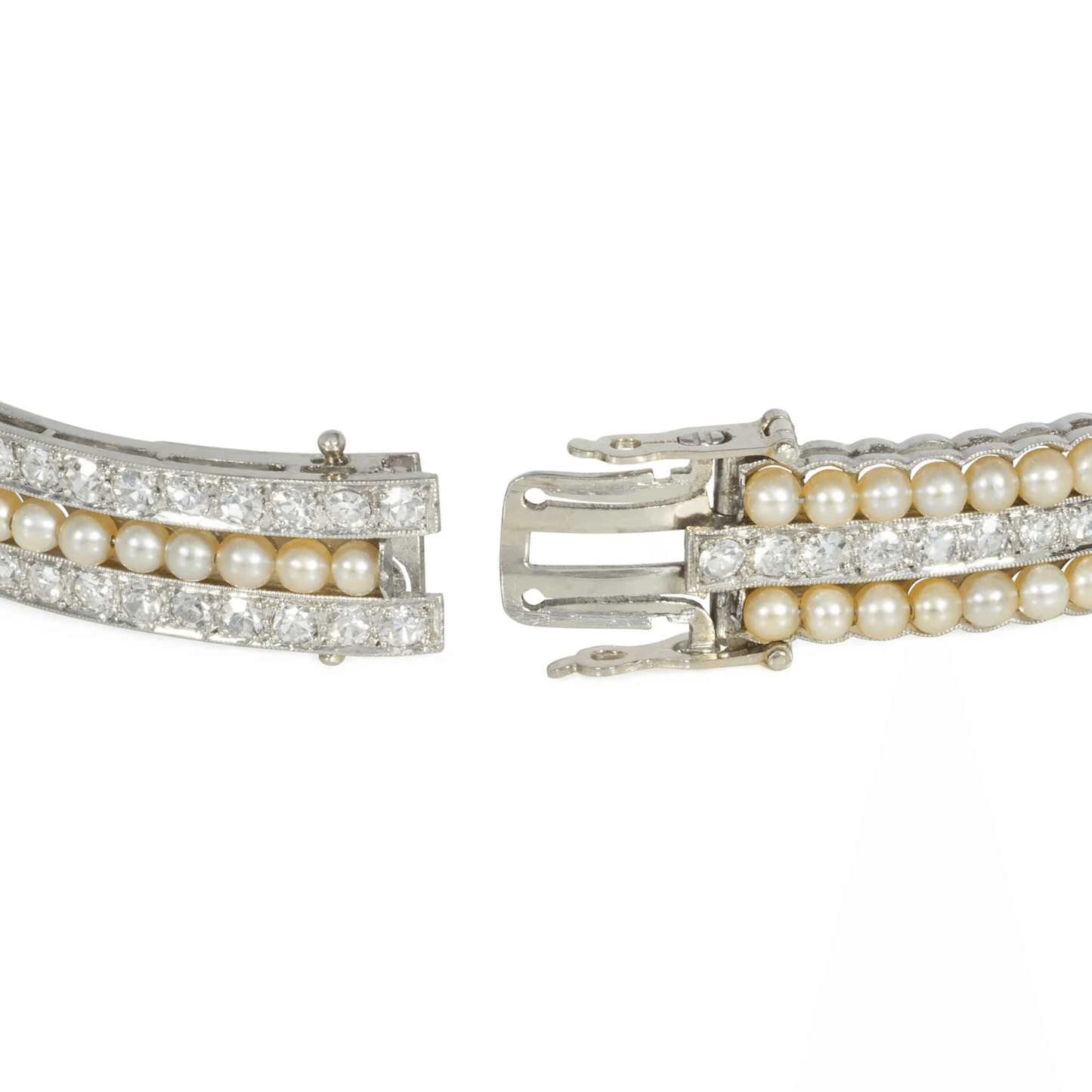 Art Deco Platinum Diamond & Pearl Bracelet close-up of clasp