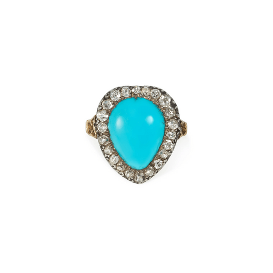 Georgian Silver & 18KT Yellow Gold Turquoise & Diamond Heart Ring front