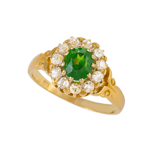 Edwardian 18KT Yellow Gold Demantoid Garnet & Diamond Ring front