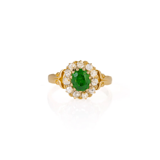 Edwardian 18KT Yellow Gold Demantoid Garnet & Diamond Ring front