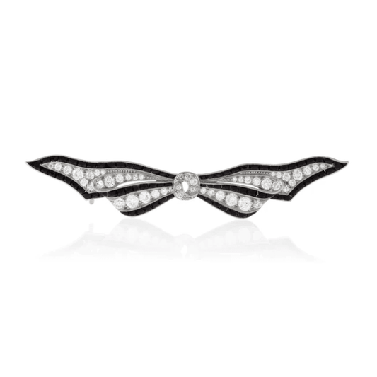 Art Deco Platinum Diamond & Onyx Bow Brooch front