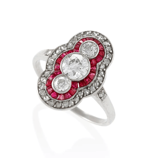 Art Deco Platinum Diamond & Ruby with Modern Mount Ring front
