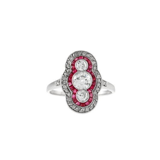 Art Deco Platinum Diamond & Ruby with Modern Mount Ring front