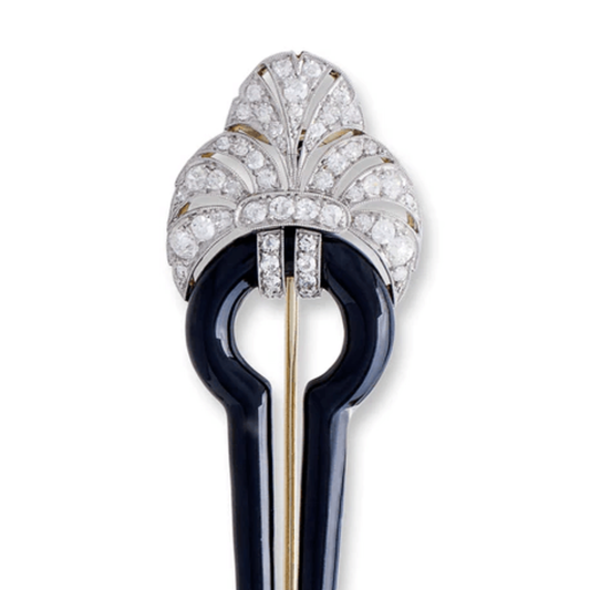 Boucheron Paris Art Deco Platinum & 18KT Yellow Gold Diamond & Enamel Brooch close-up top front