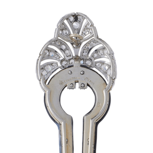 Boucheron Paris Art Deco Platinum & 18KT Yellow Gold Diamond & Enamel Brooch close-up signature