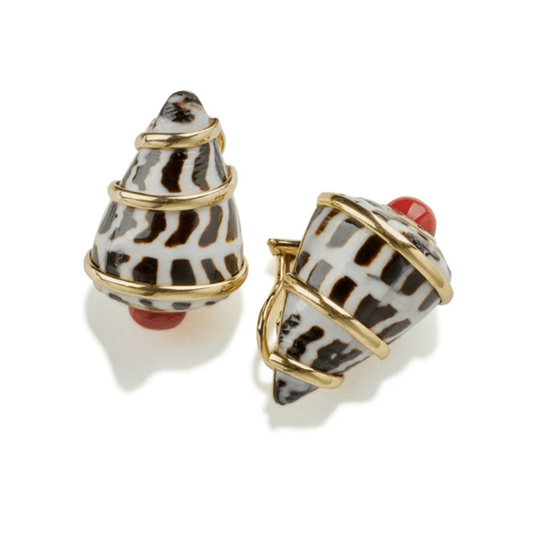 Trianon Post-1980s 18KT Yellow Gold Coral & Shell Earrings front