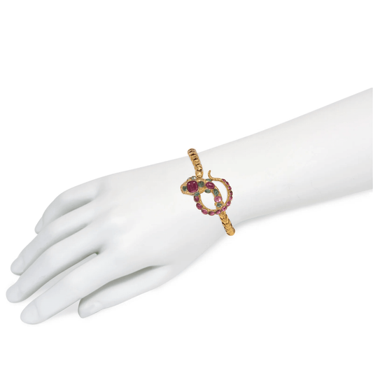 Georgian 18KT Yellow Gold Ruby & Emerald Snake Bracelet on wrist