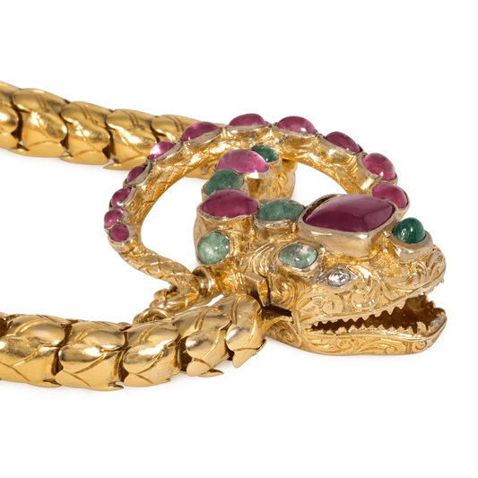 Georgian 18KT Yellow Gold Ruby & Emerald Snake Bracelet close-up