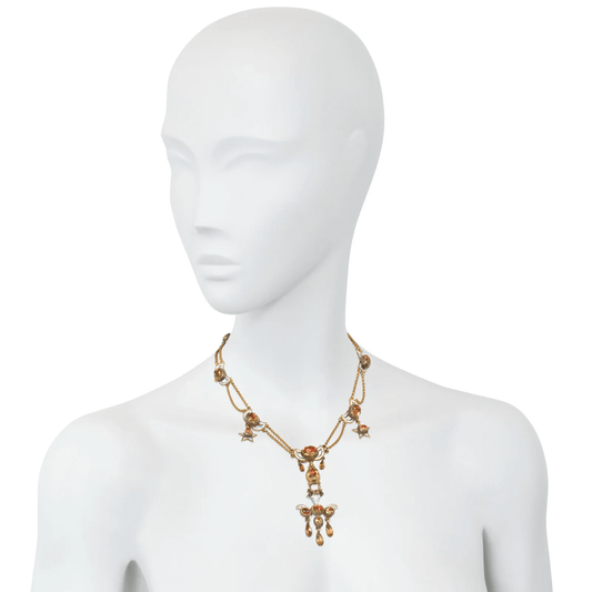 Georgian 18KT Yellow Gold Citrine, Emerald, Enamel & Tourmaline Necklace on neck