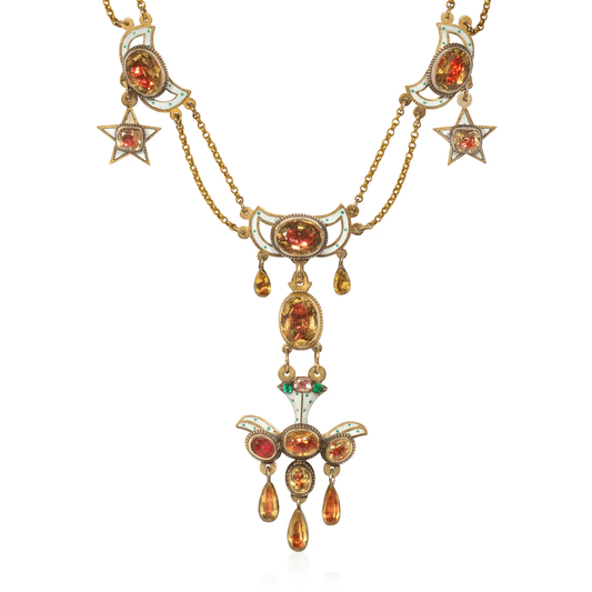 Georgian 18KT Yellow Gold Citrine, Emerald, Enamel & Tourmaline Necklace close-up
