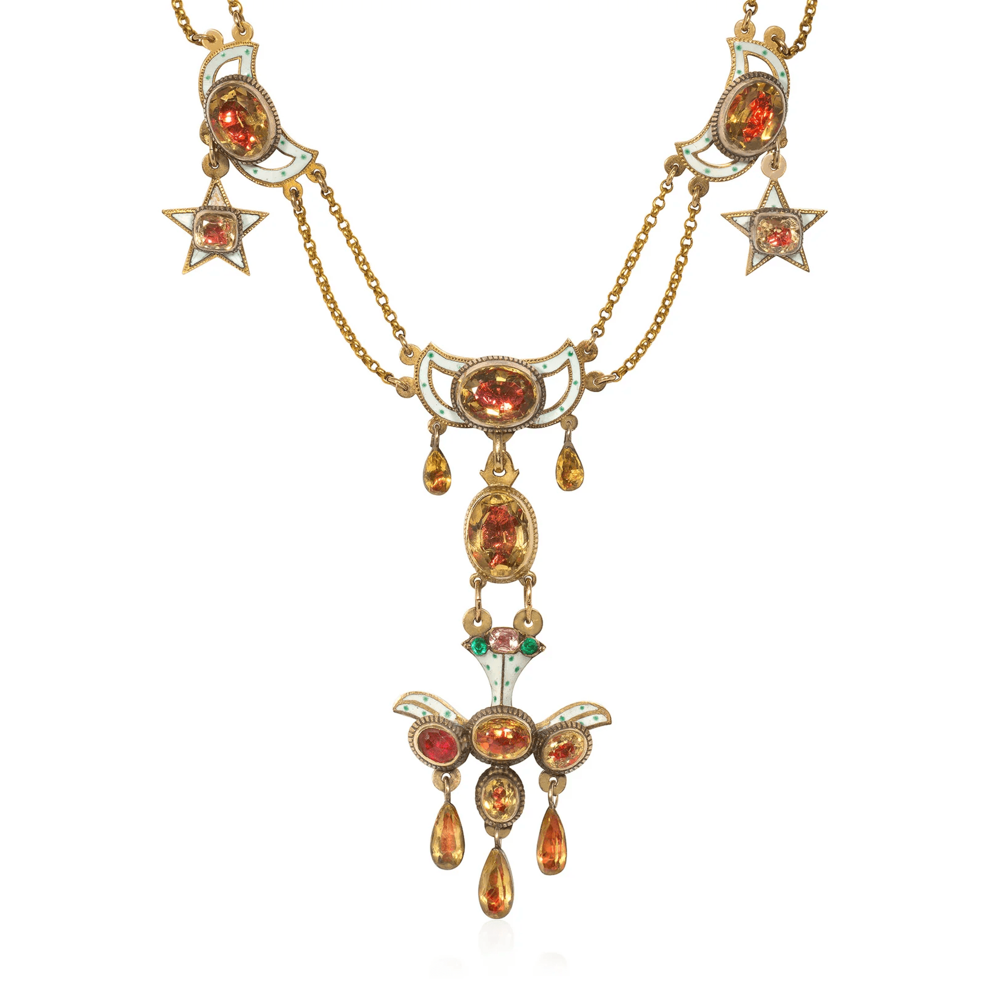 Georgian 18KT Yellow Gold Citrine, Emerald, Enamel & Tourmaline Necklace close-up