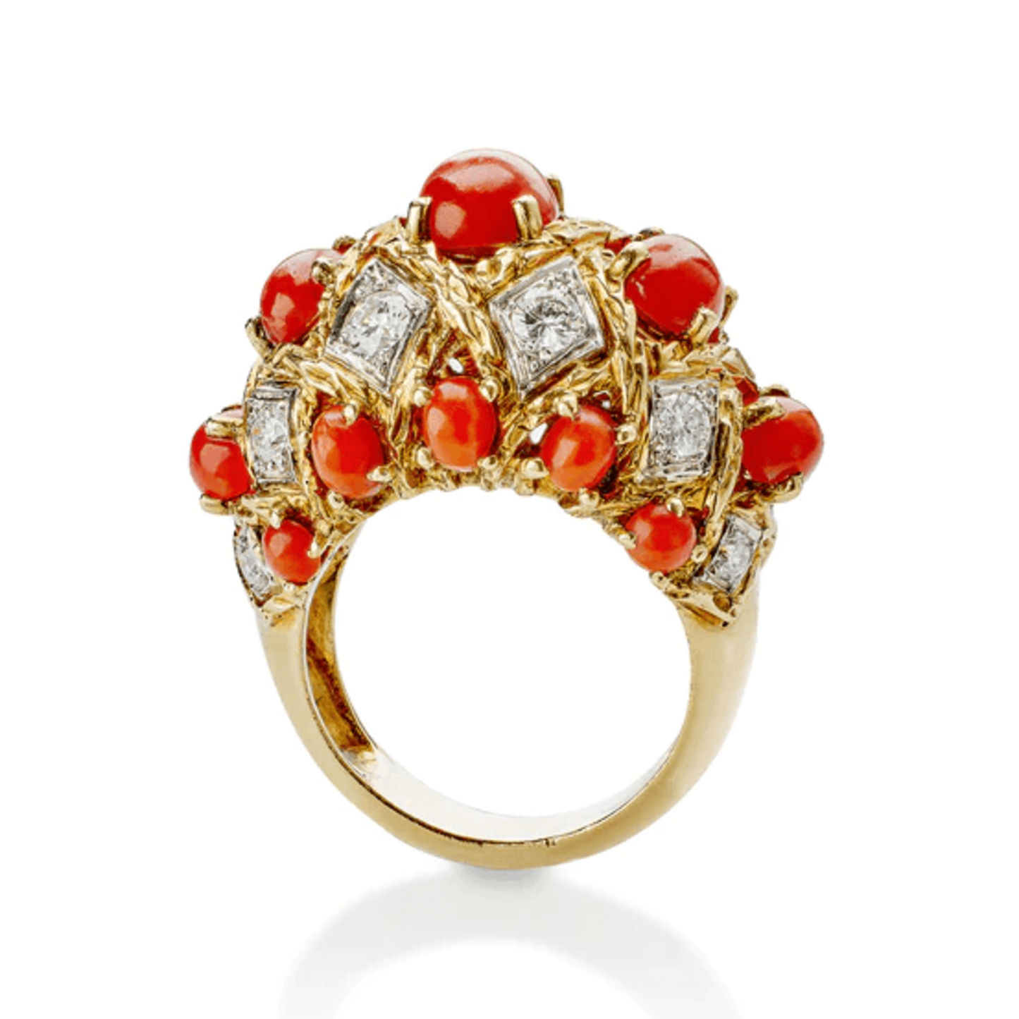 André Vassort Paris 1960s Platinum & 18KT Yellow Gold Coral & Diamond Bombé Ring profile