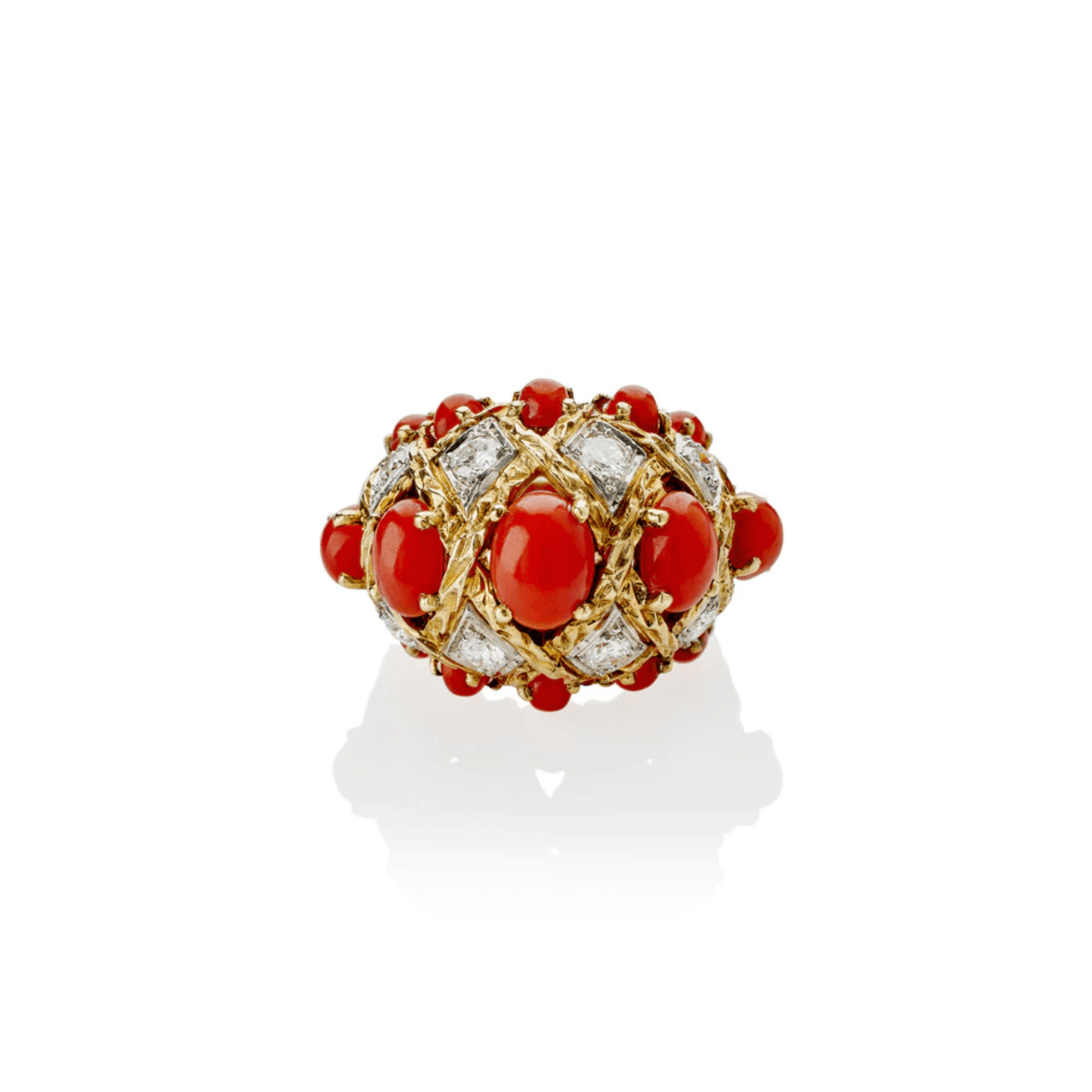 André Vassort Paris 1960s Platinum & 18KT Yellow Gold Coral & Diamond Bombé Ring front