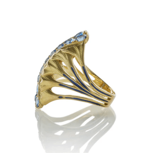 Edouard de Martilly Paris Art Nouveau 18KT Yellow Gold Sapphire & Enamel Ring side