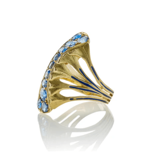 Edouard de Martilly Paris Art Nouveau 18KT Yellow Gold Sapphire & Enamel Ring side