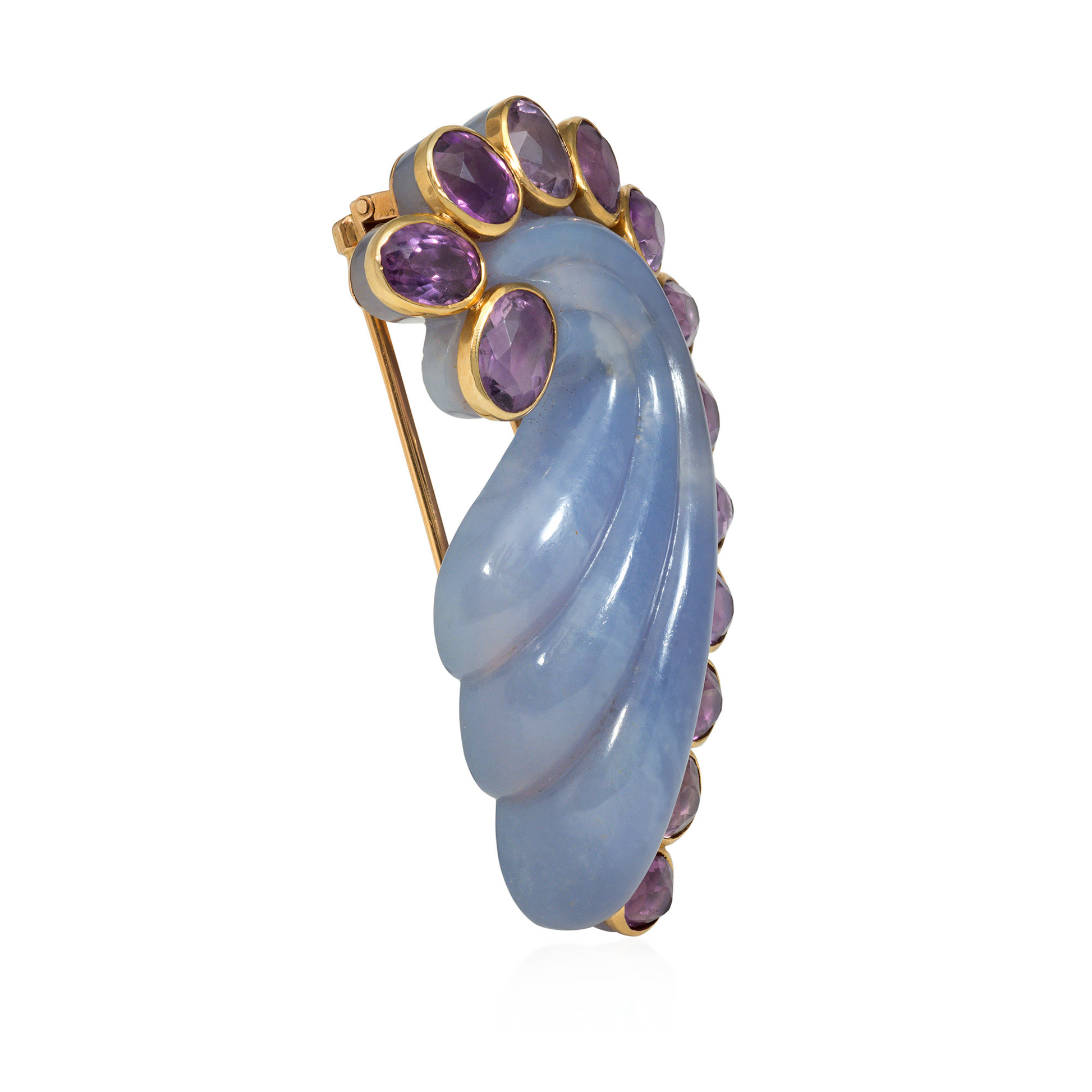 Suzanne Belperron Retro 18KT Yellow Gold Chalcedony & Amethyst Brooch side