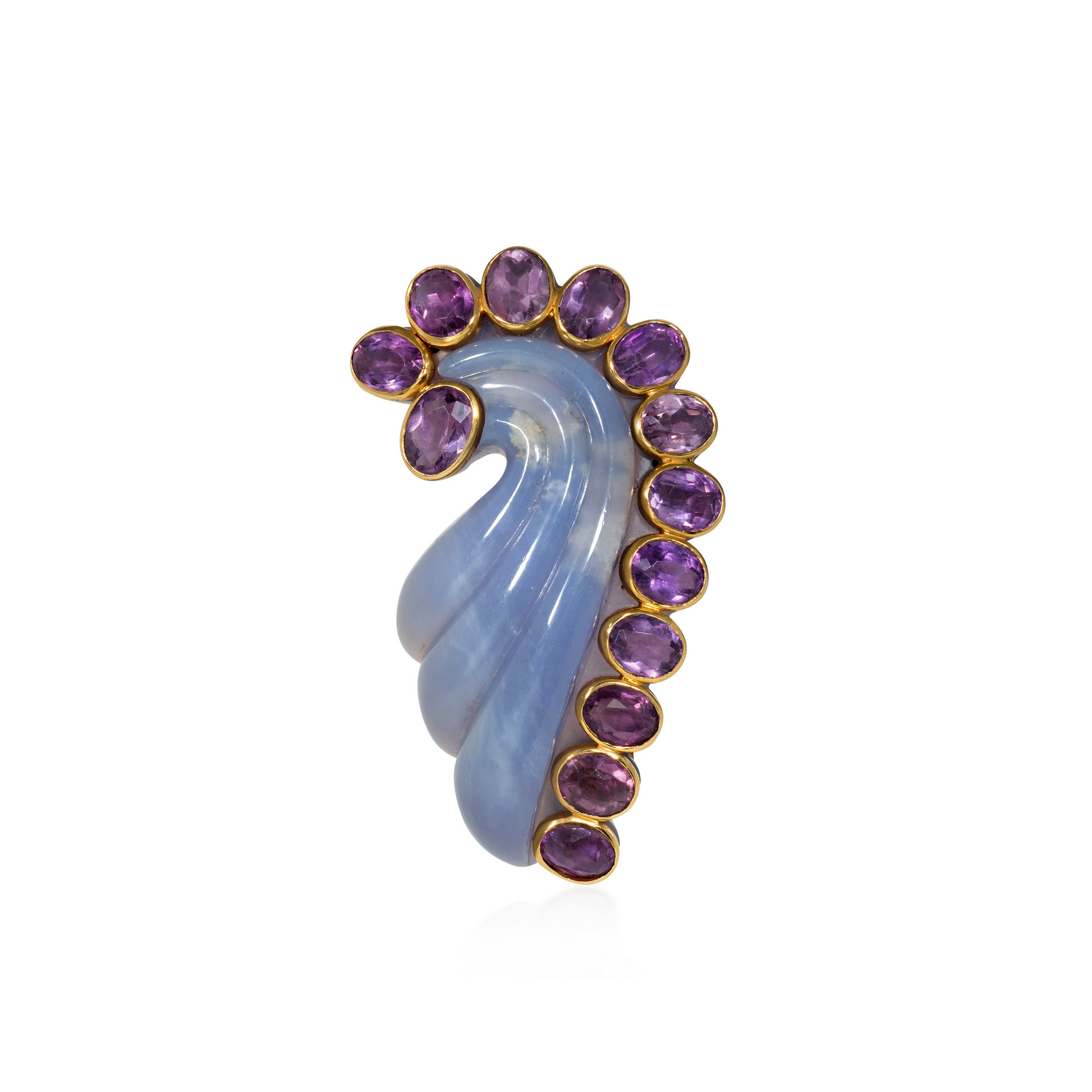 Suzanne Belperron Retro 18KT Yellow Gold Chalcedony & Amethyst Brooch front