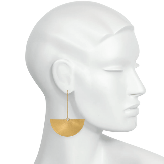 French 1970s 18KT Yellow Gold Diamond Fan Earrings on ear