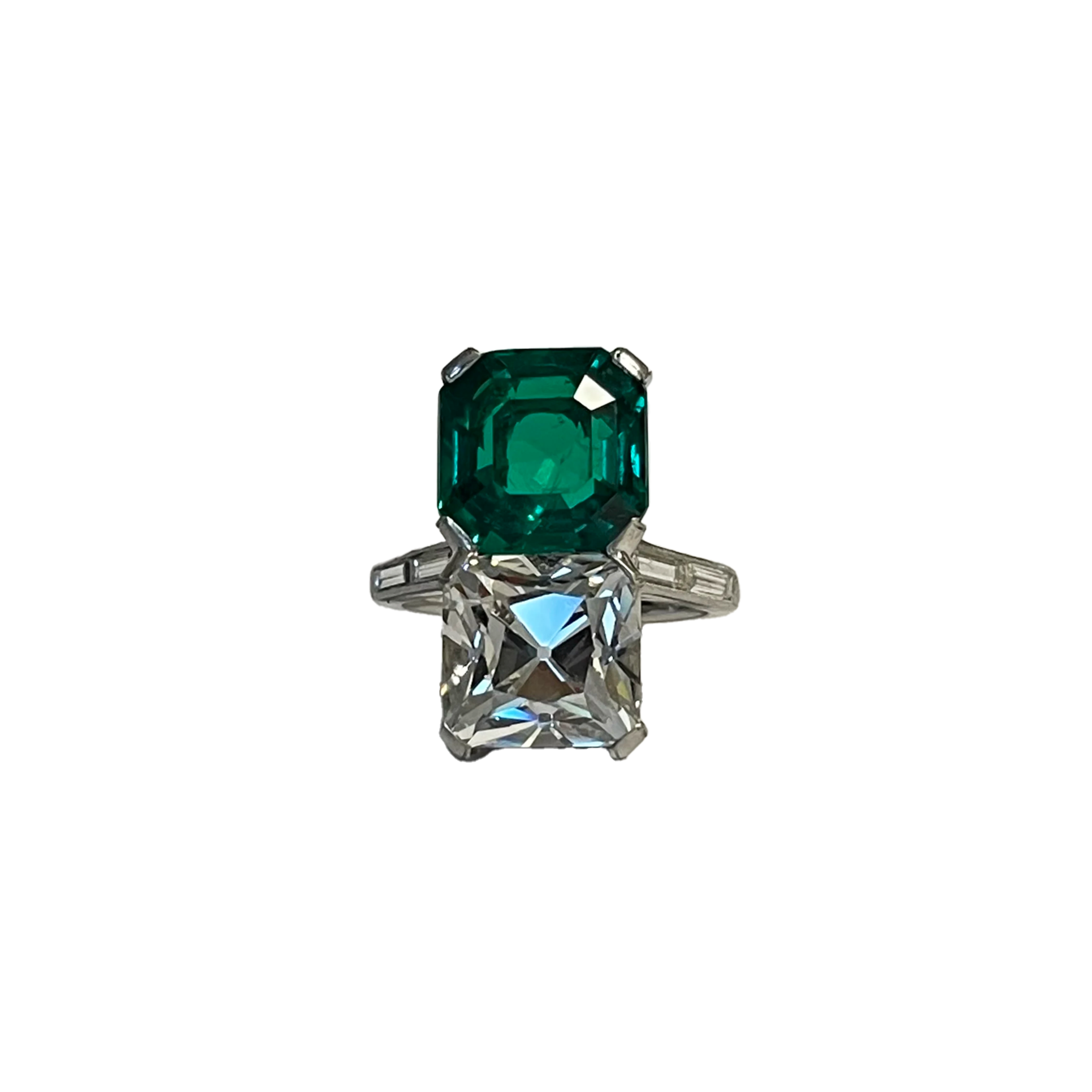 Art Deco Platinum Emerald & Diamond North-South Twin Ring front view