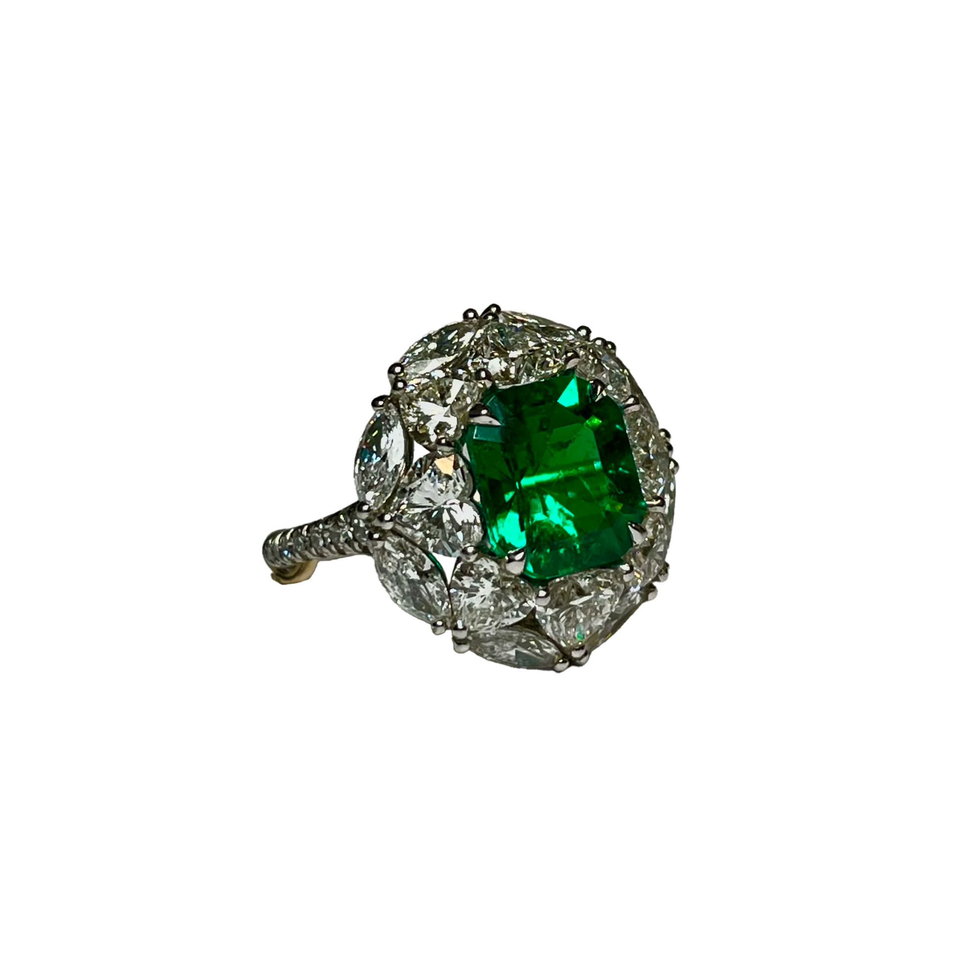 Post-1980s Platinum Emerald & Diamond Ring front side view