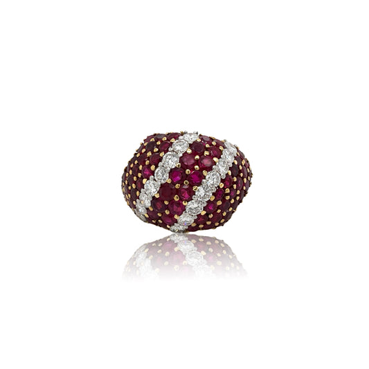 1980s 18KT Yellow Gold Ruby & Diamond Bombe Ring front view